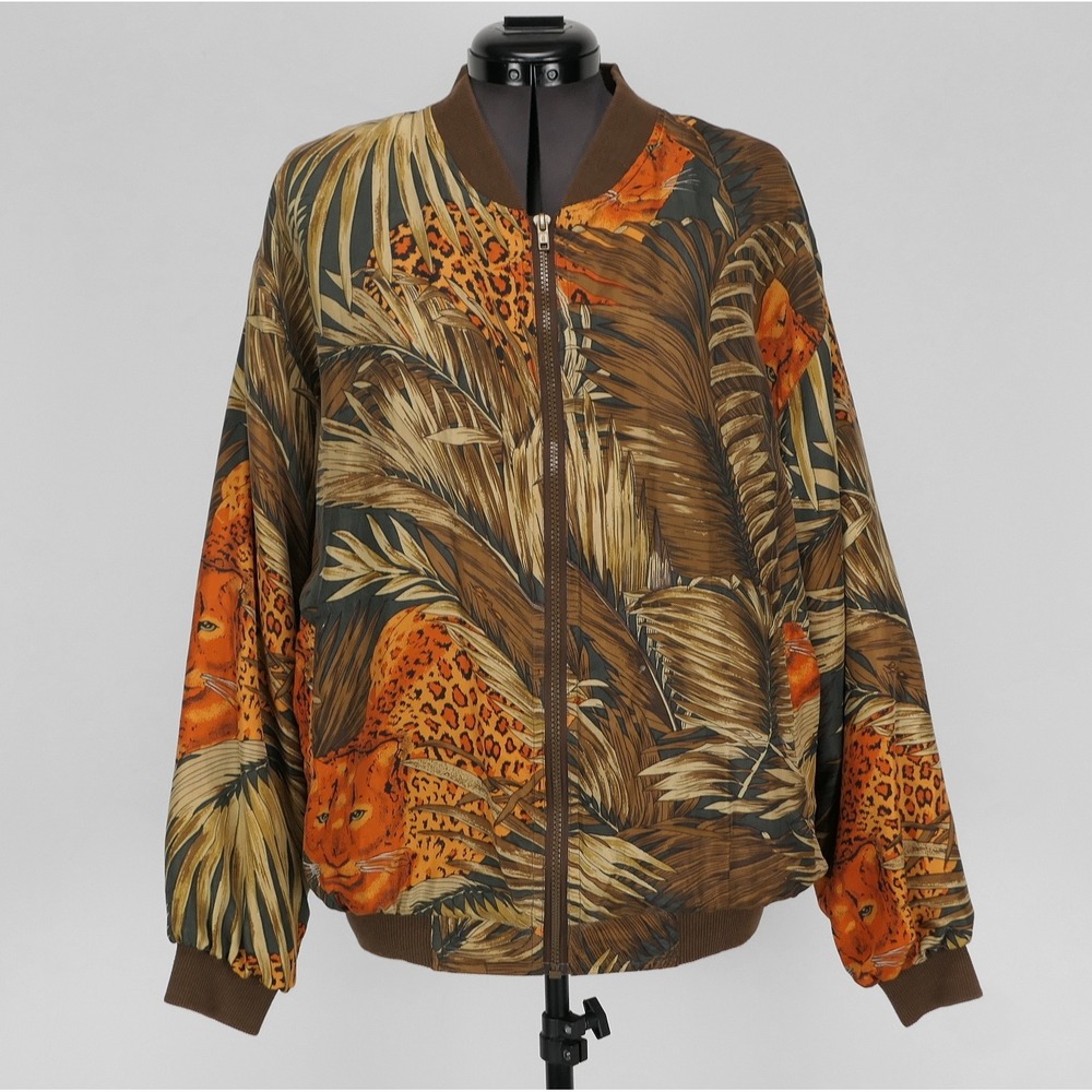 VTG Atlantic Beach Silk Bomber Jacket M Leopard Jungle Print Eclectic Animal 90s